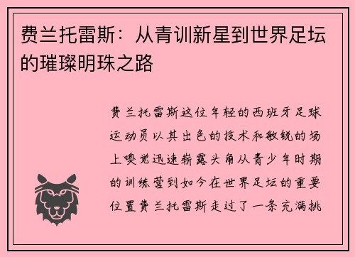 费兰托雷斯：从青训新星到世界足坛的璀璨明珠之路